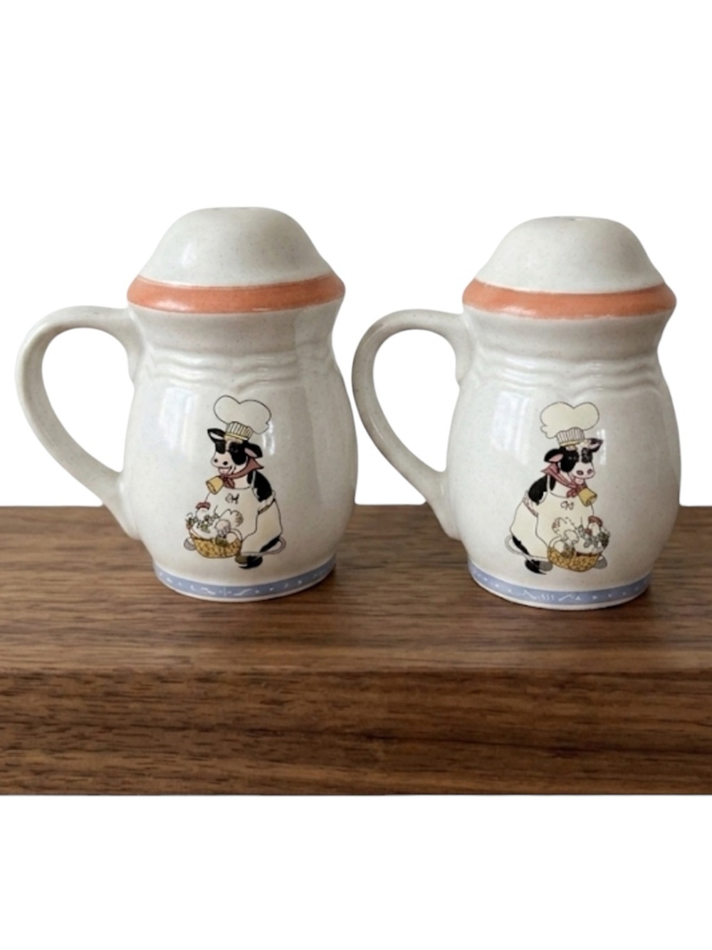 Vintage Cow Chef Salt Pepper Shakers White Mauve Pink & Blue 1880’s Collectible